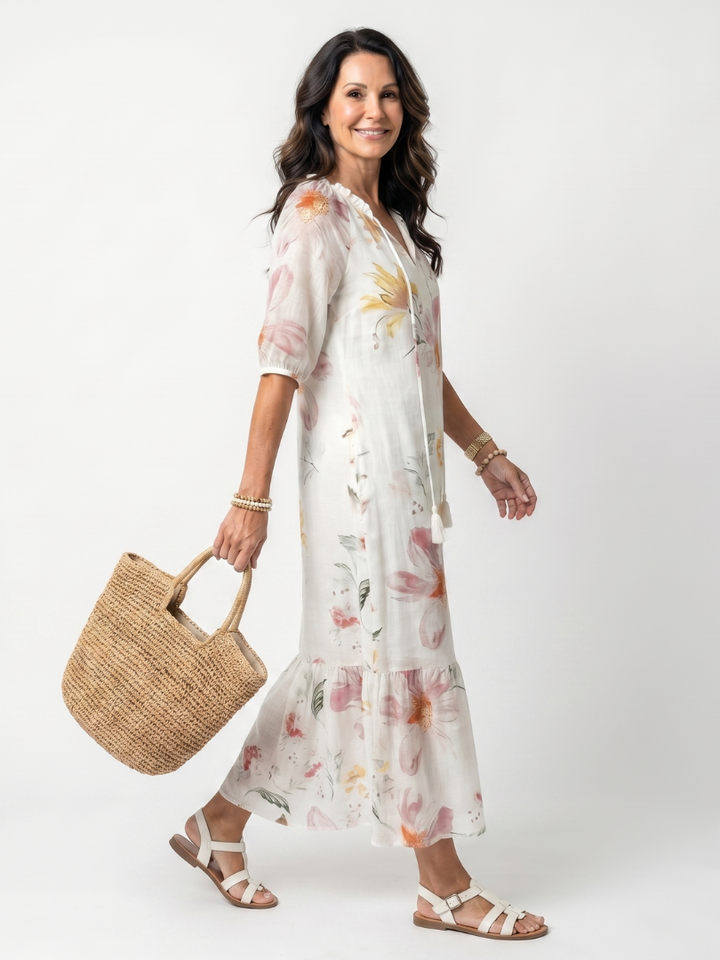 Noa | Zachte Bloemenlagen Tassel Midi Jurk