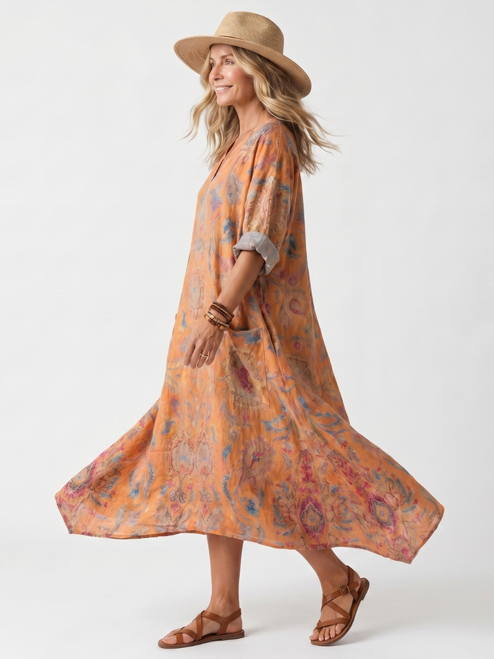 Remi | Notch Neck Gedrukte Oversized Midi Jurk met Zak