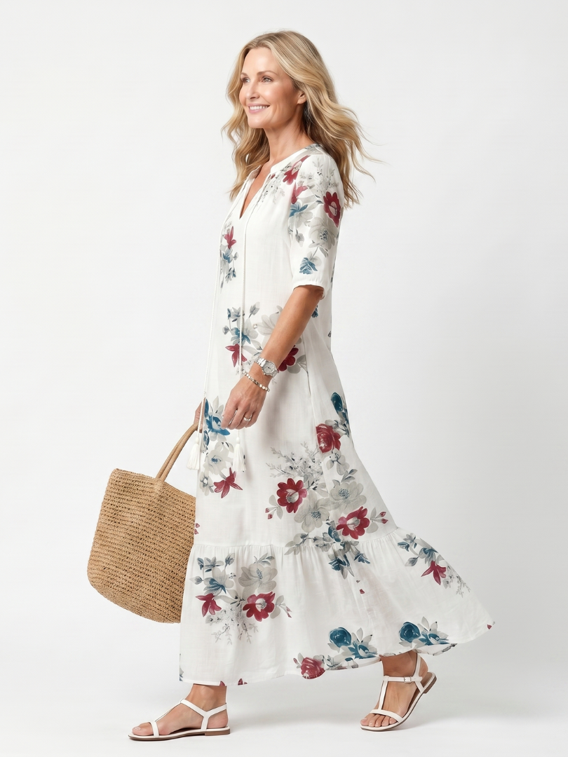 Maeva | Verspreide Bloemen Tassel Tie Midi Jurk
