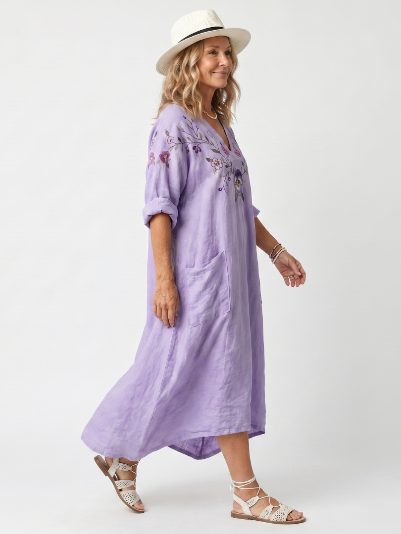 Tavi | Bloemige Geborduurde Oversized Midi Jurk met Zak