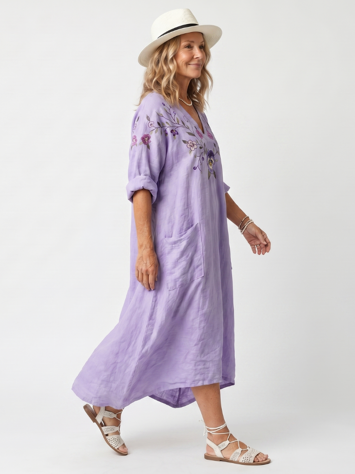 Tavi | Bloemige Geborduurde Oversized Midi Jurk met Zak