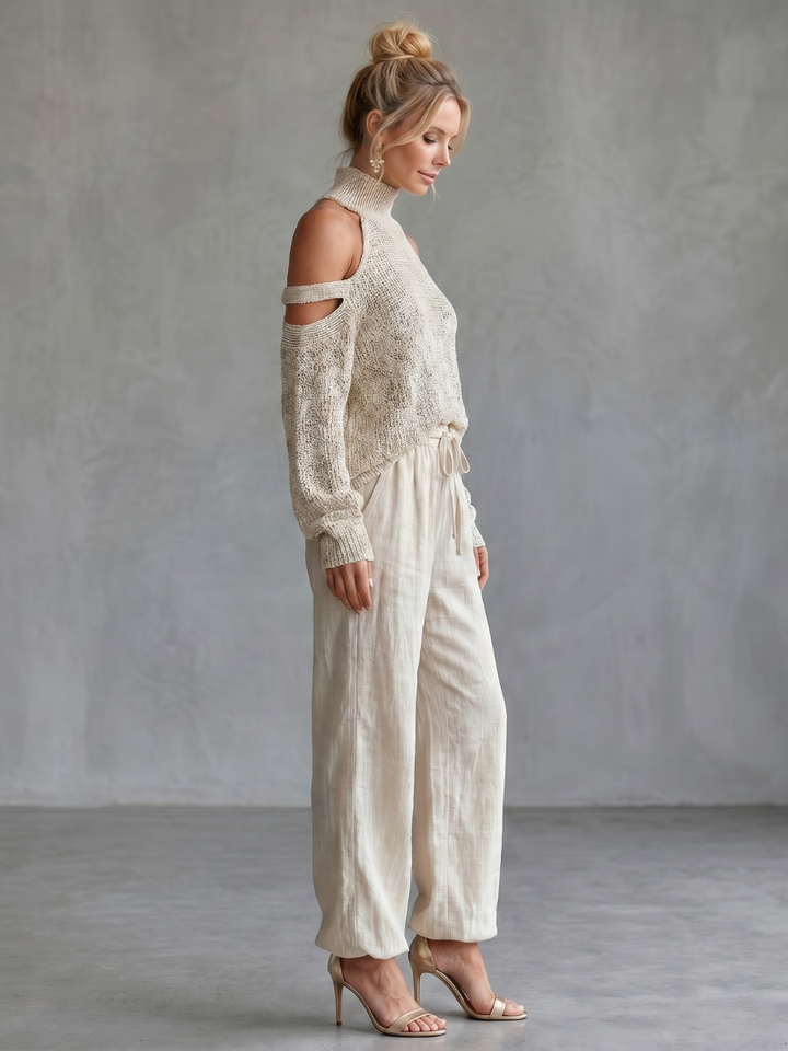 Questa | Open Schouder Gebreide Top En Brede Pantalon Set