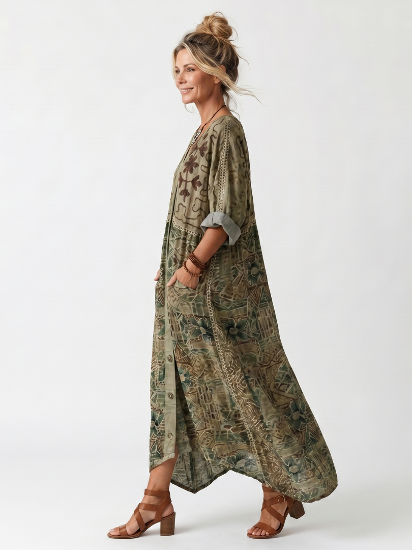 Aleta | Knop Voorkant Geborduurde Oversized Pocket Midi Jurk