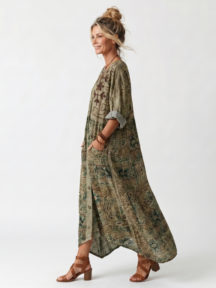 Aleta | Knop Voorkant Geborduurde Oversized Pocket Midi Jurk