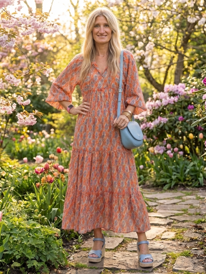 Amara | Geometrische Print V-Hals Gelaagde Midi Jurk