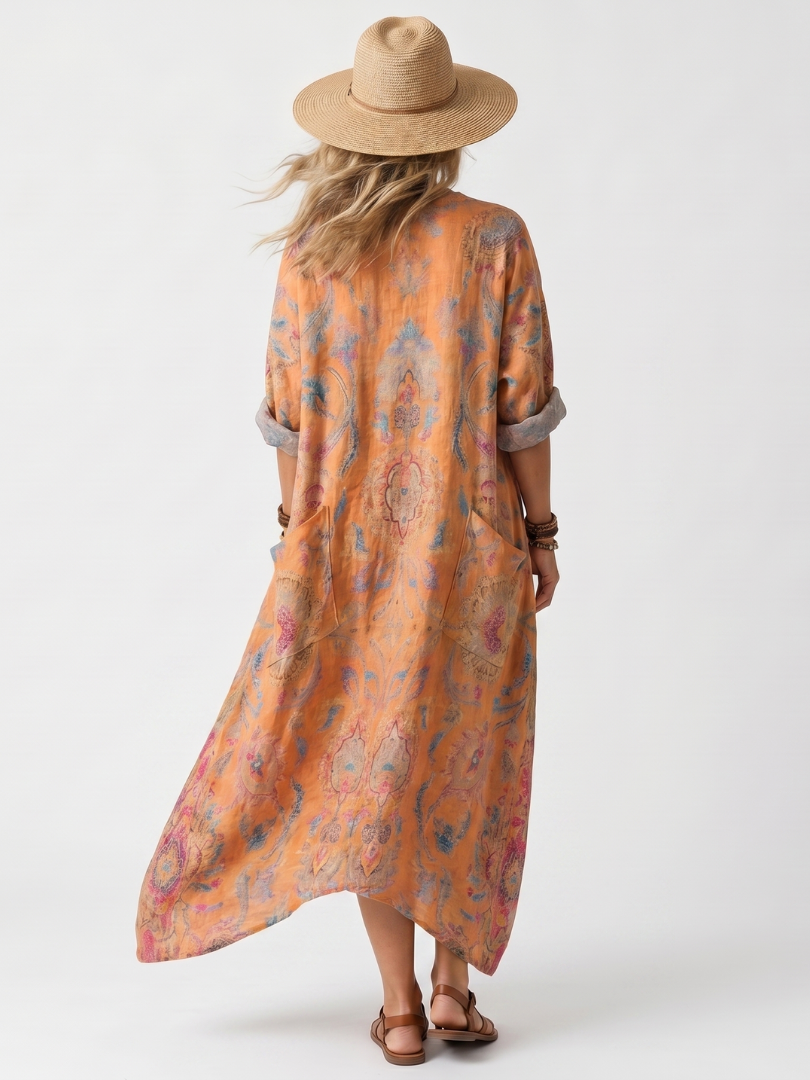 Remi | Notch Neck Gedrukte Oversized Midi Jurk met Zak