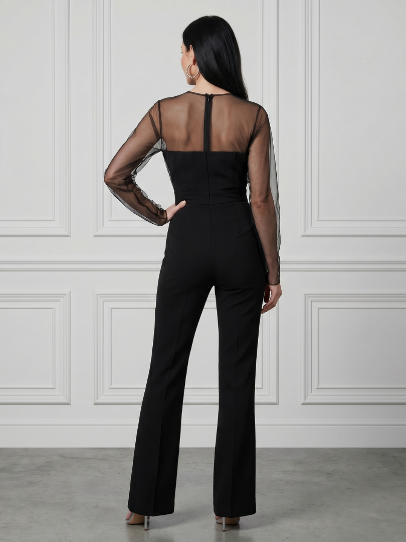 Oksana | Doorzichtig Aansluitend Lijf Flared Leg Jumpsuit