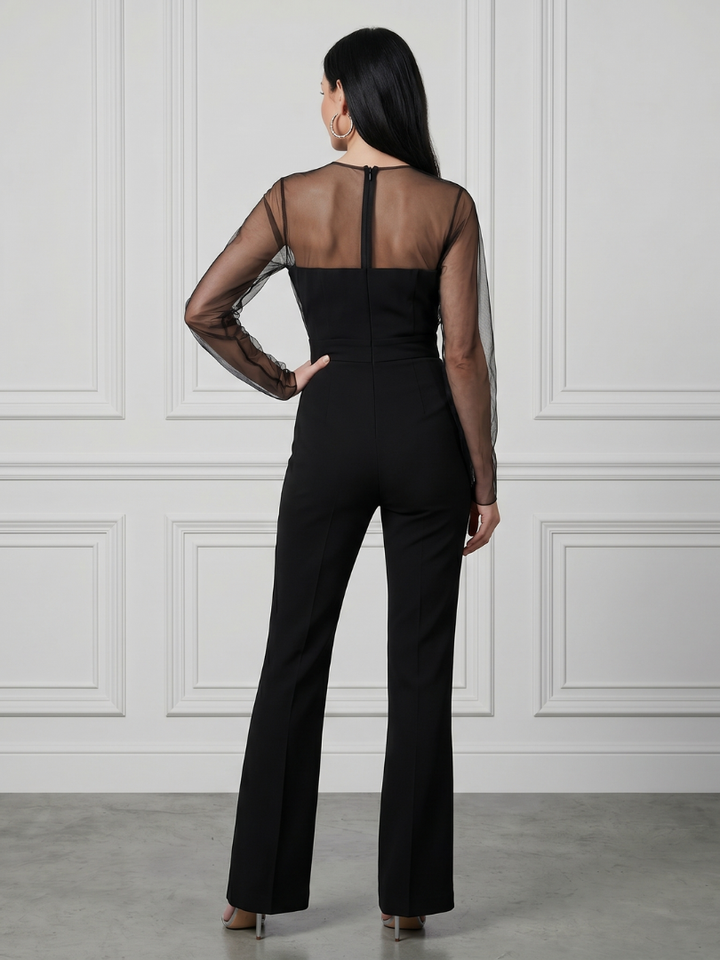 Oksana | Doorzichtig Aansluitend Lijf Flared Leg Jumpsuit
