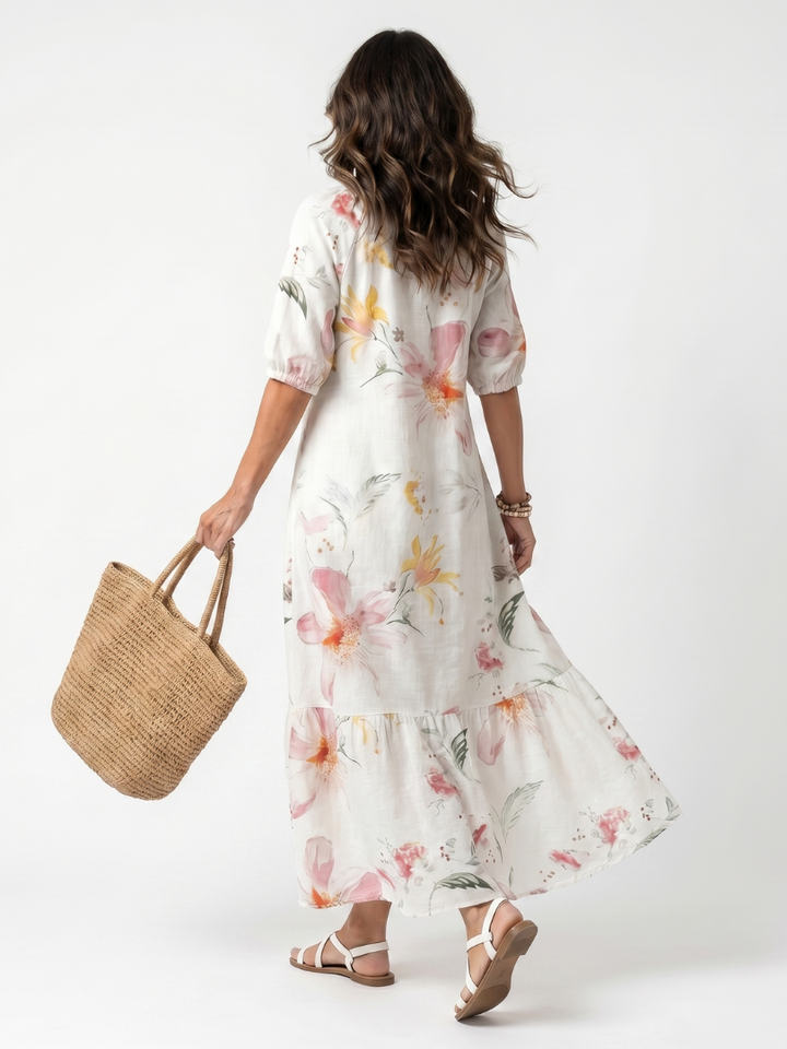 Noa | Zachte Bloemenlagen Tassel Midi Jurk