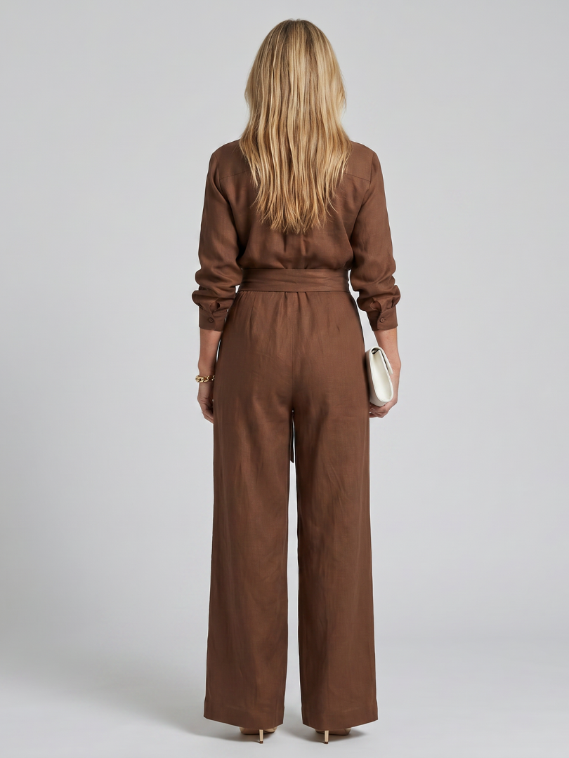 Jovie | Lange Mouw Knop Voor Breed Been Jumpsuit