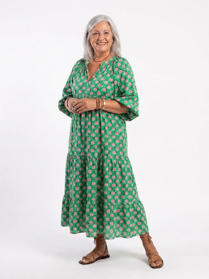 Fiora | Bloemenprint V-Hals Gelaagde Midi-jurk