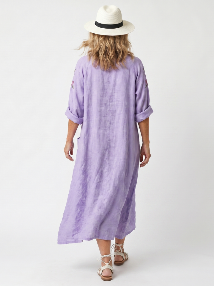 Tavi | Bloemige Geborduurde Oversized Midi Jurk met Zak