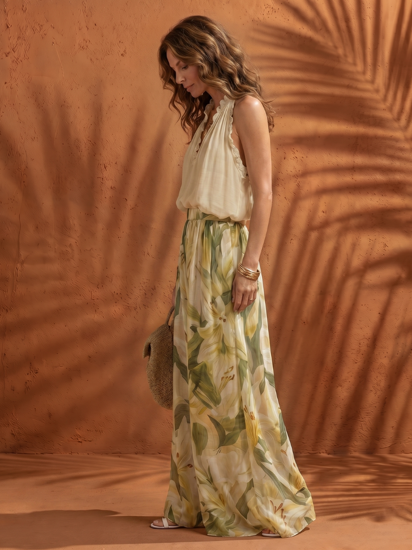 Solange | Halter Nek Blouse Bloemige Wijde Pantalon Set