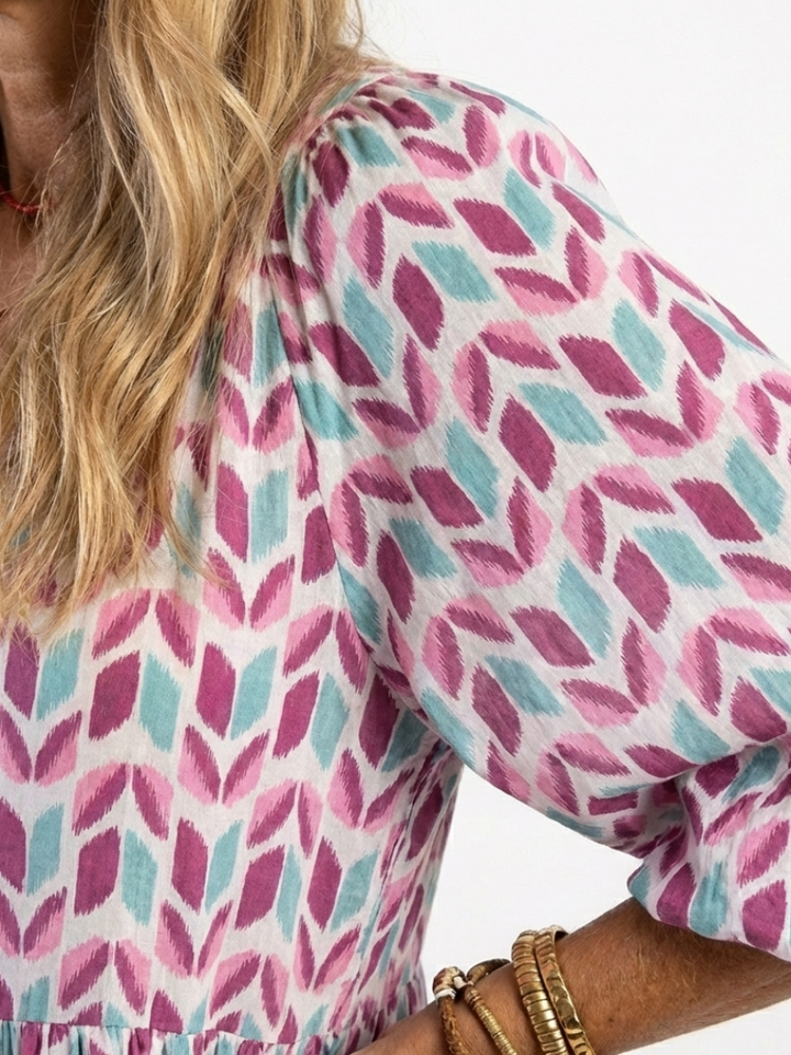 Mireya | Geometrische Print Lange Mouw Tiered Midi Jurk