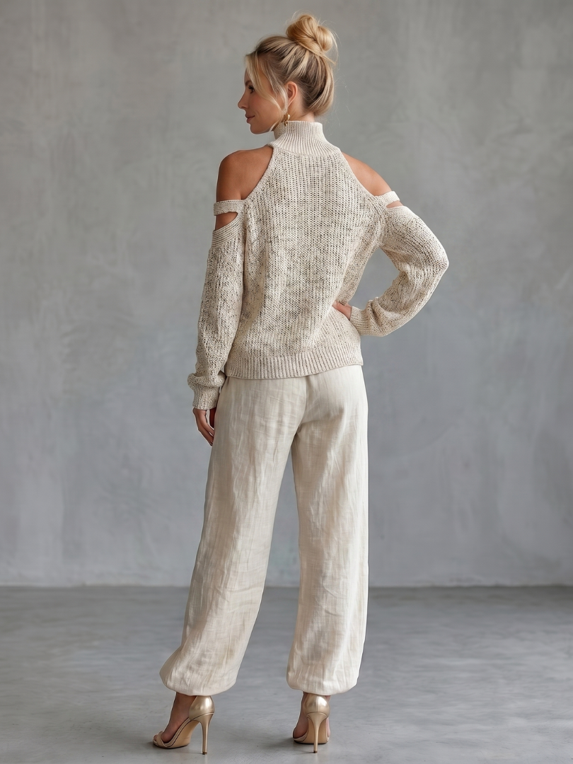 Questa | Open Schouder Gebreide Top En Brede Pantalon Set
