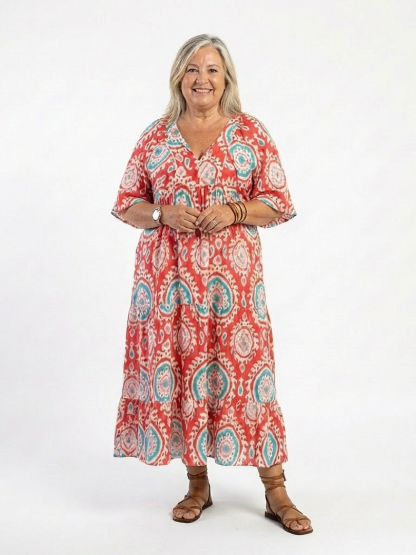 Zaria | Paisley Print V-hals Korte Mouw Midi Jurk