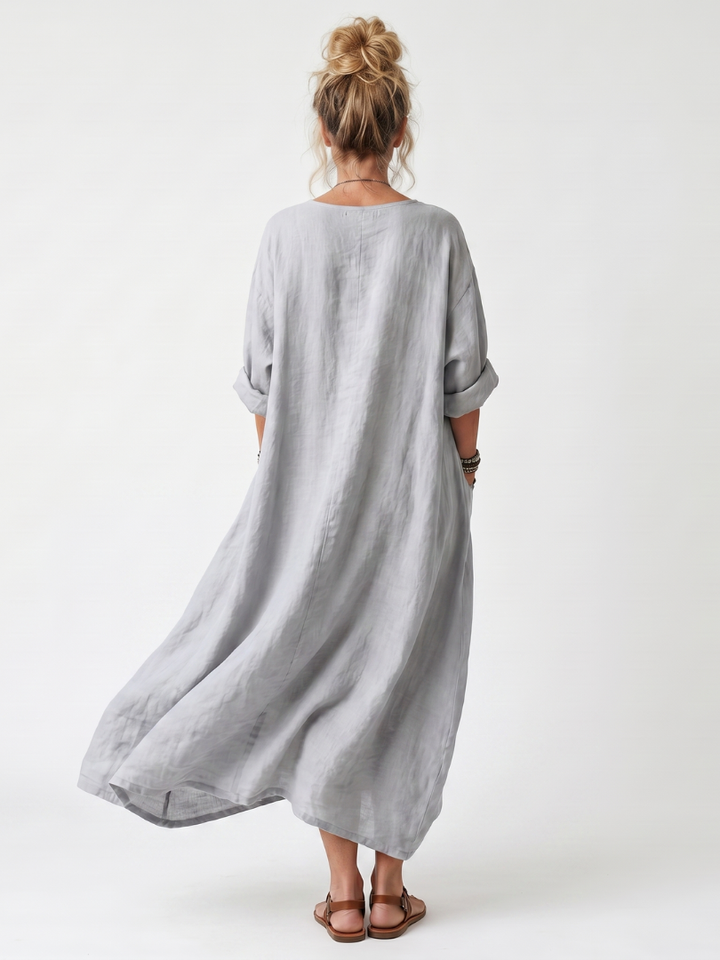 Raina | Contrast Paneel Geborduurde Oversized Pocket Midi Jurk