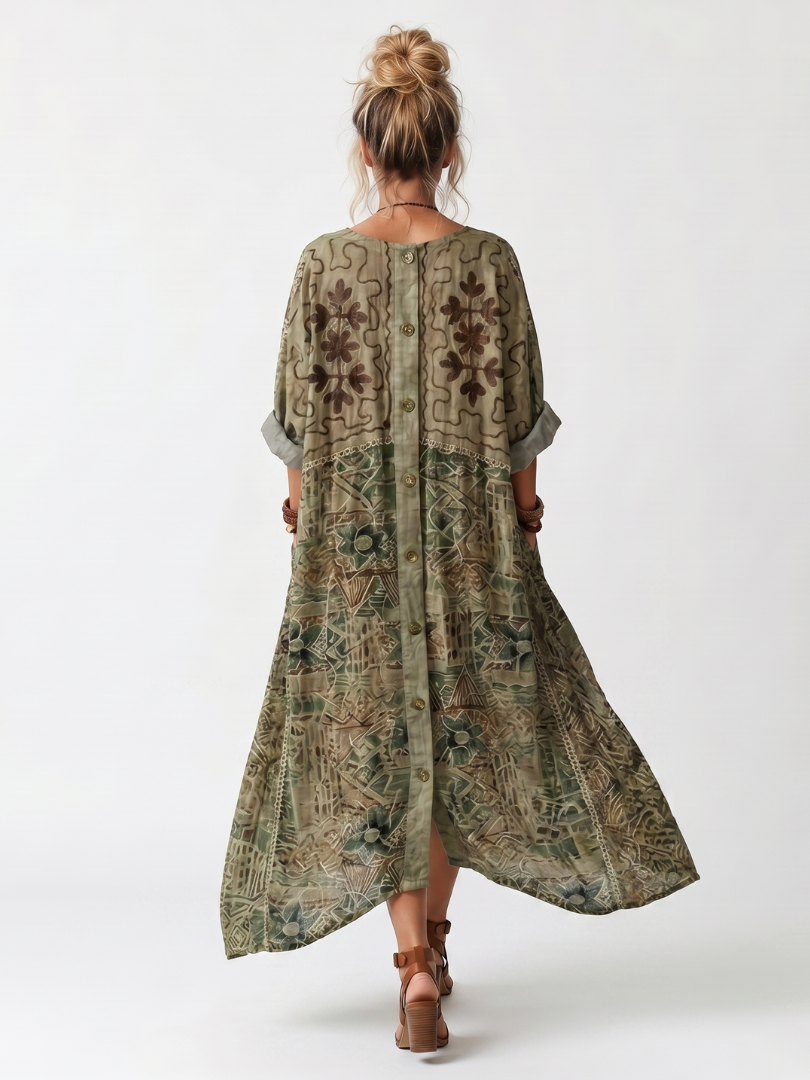 Aleta | Knop Voorkant Geborduurde Oversized Pocket Midi Jurk