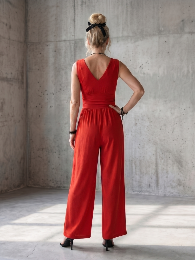 Vincenza | Diepe V Taille Gedefinieerde Wijde Pijpen Jumpsuit