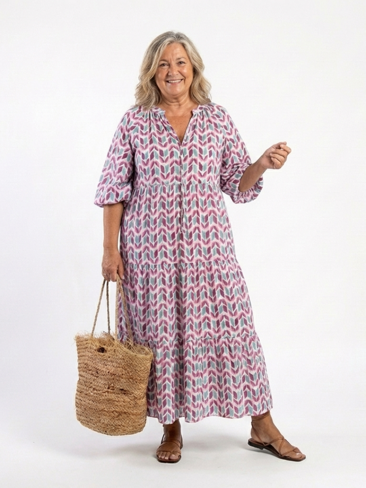 Mireya | Geometrische Print Lange Mouw Tiered Midi Jurk