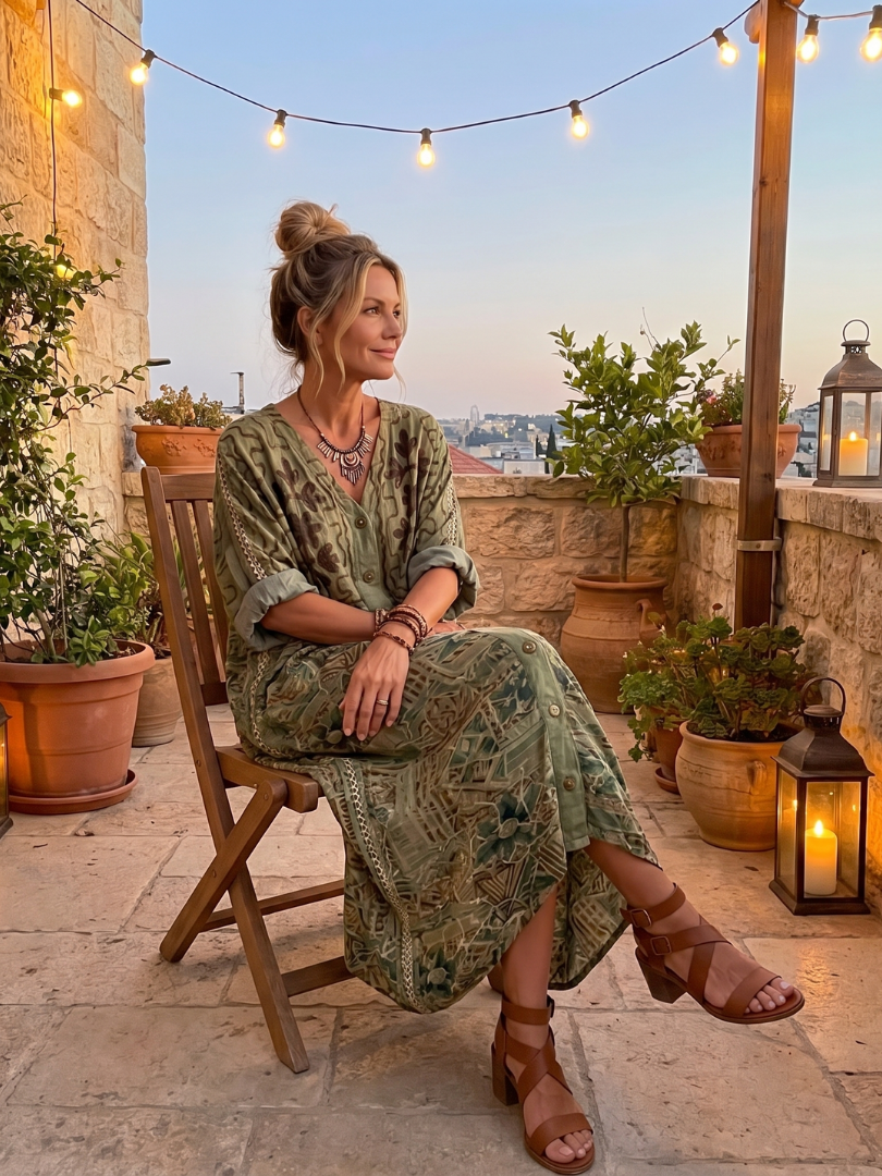 Aleta | Knop Voorkant Geborduurde Oversized Pocket Midi Jurk