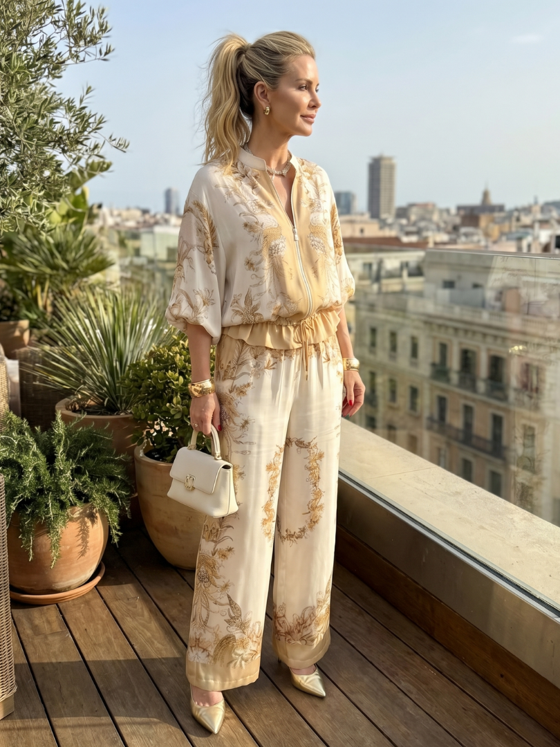 Indie | Zip Front Blouson Top Geprinte Twee-Delige Set