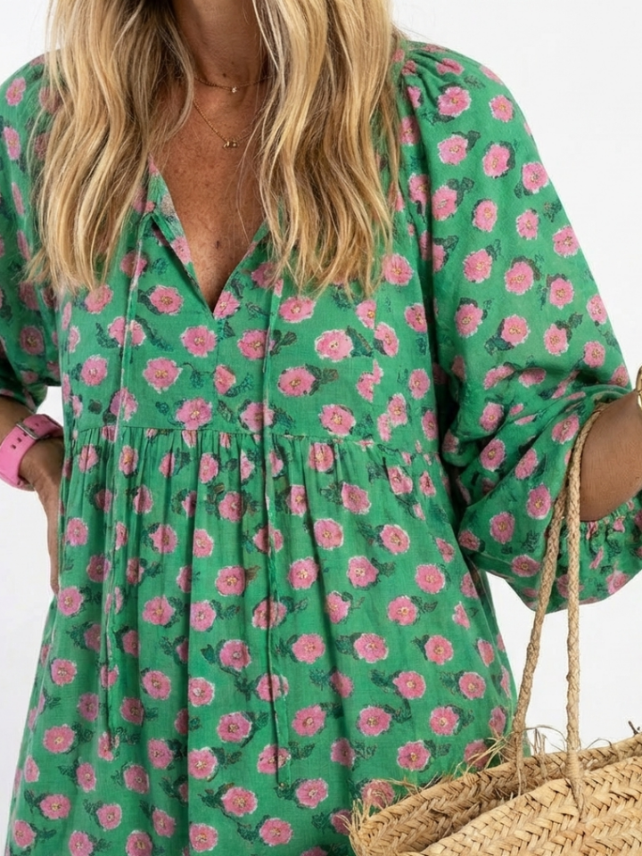 Fiora | Bloemenprint V-Hals Gelaagde Midi-jurk
