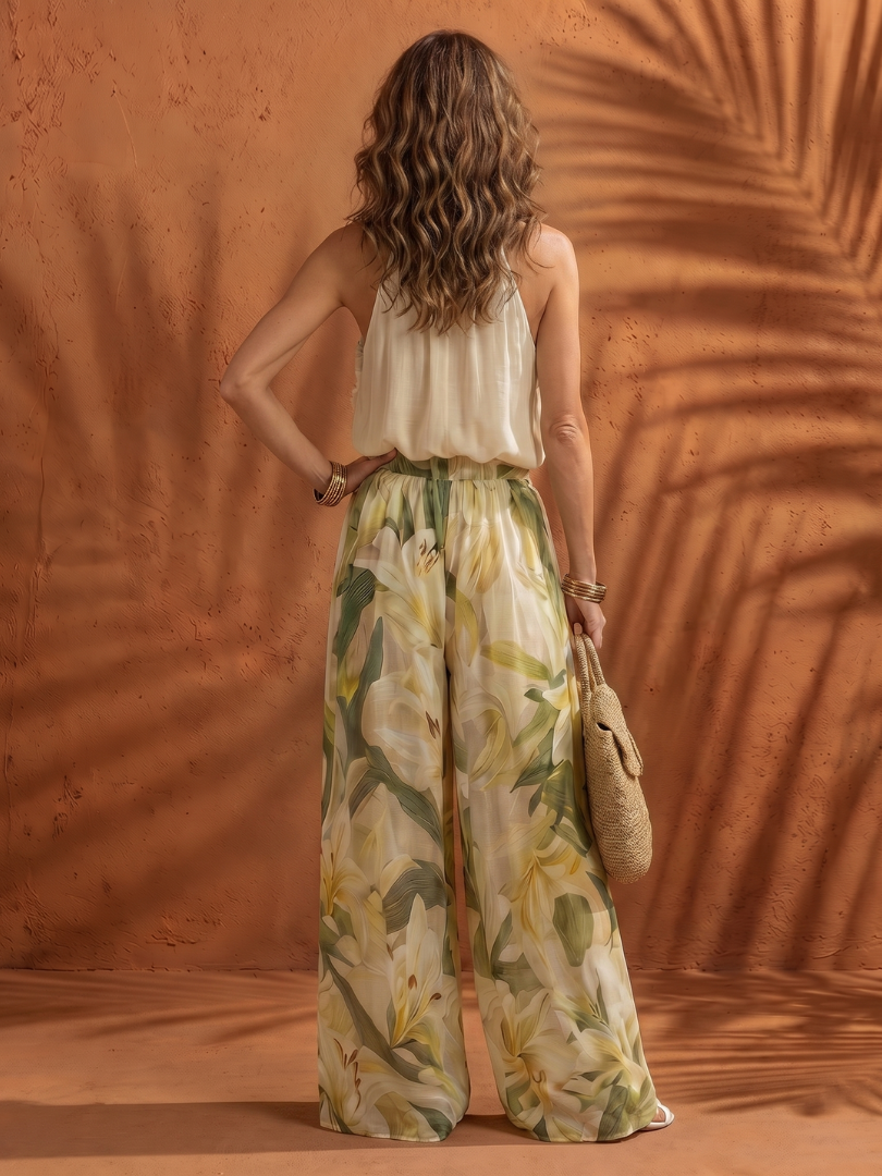 Solange | Halter Nek Blouse Bloemige Wijde Pantalon Set