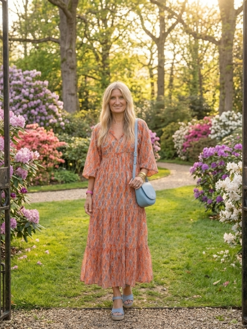 Amara | Geometrische Print V-Hals Gelaagde Midi Jurk