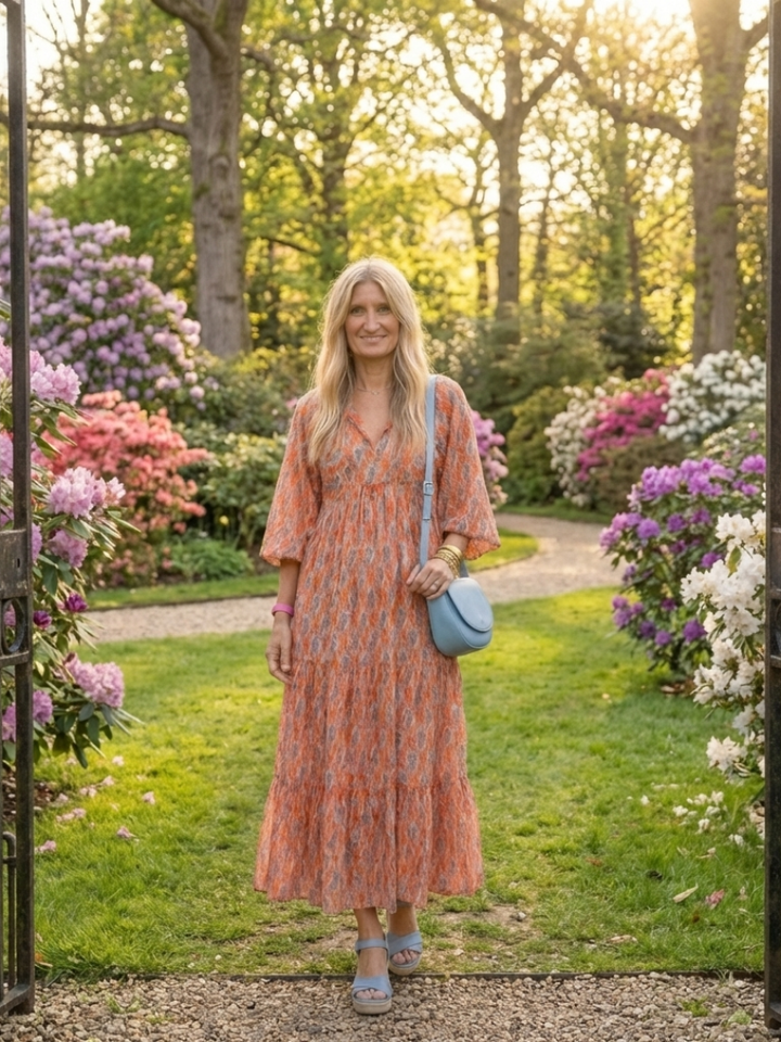 Amara | Geometrische Print V-Hals Gelaagde Midi Jurk