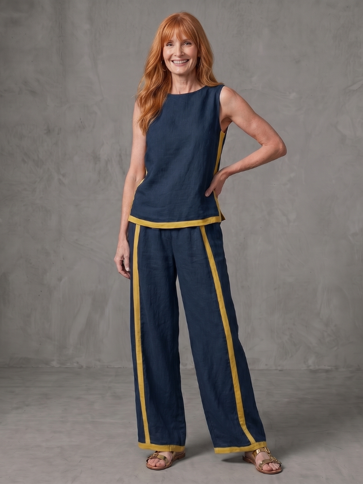 Inara | Mouwloze Top Set met Wijde Broek in Contrast