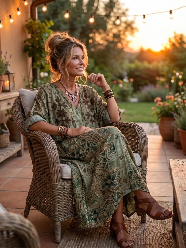 Aleta | Knop Voorkant Geborduurde Oversized Pocket Midi Jurk