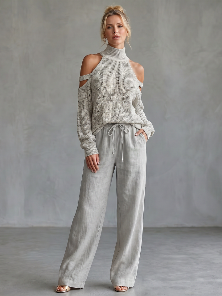Questa | Open Schouder Gebreide Top En Brede Pantalon Set