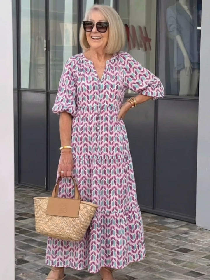 Mireya | Geometrische Print Lange Mouw Tiered Midi Jurk