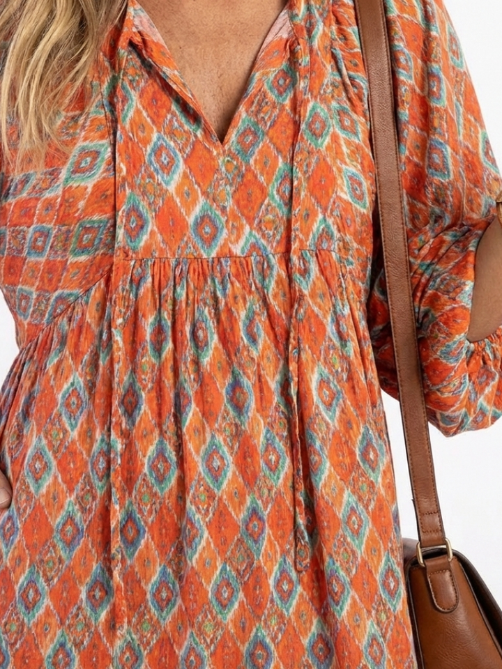 Amara | Geometrische Print V-Hals Gelaagde Midi Jurk