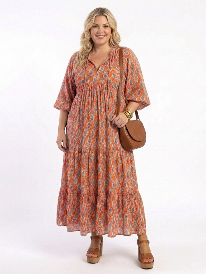 Amara | Geometrische Print V-Hals Gelaagde Midi Jurk