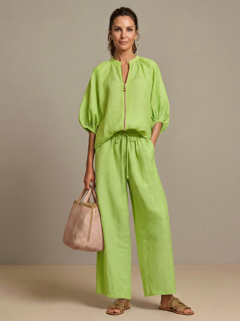 Natalia | Blouson Top met Rits en Brede Pijpen Set