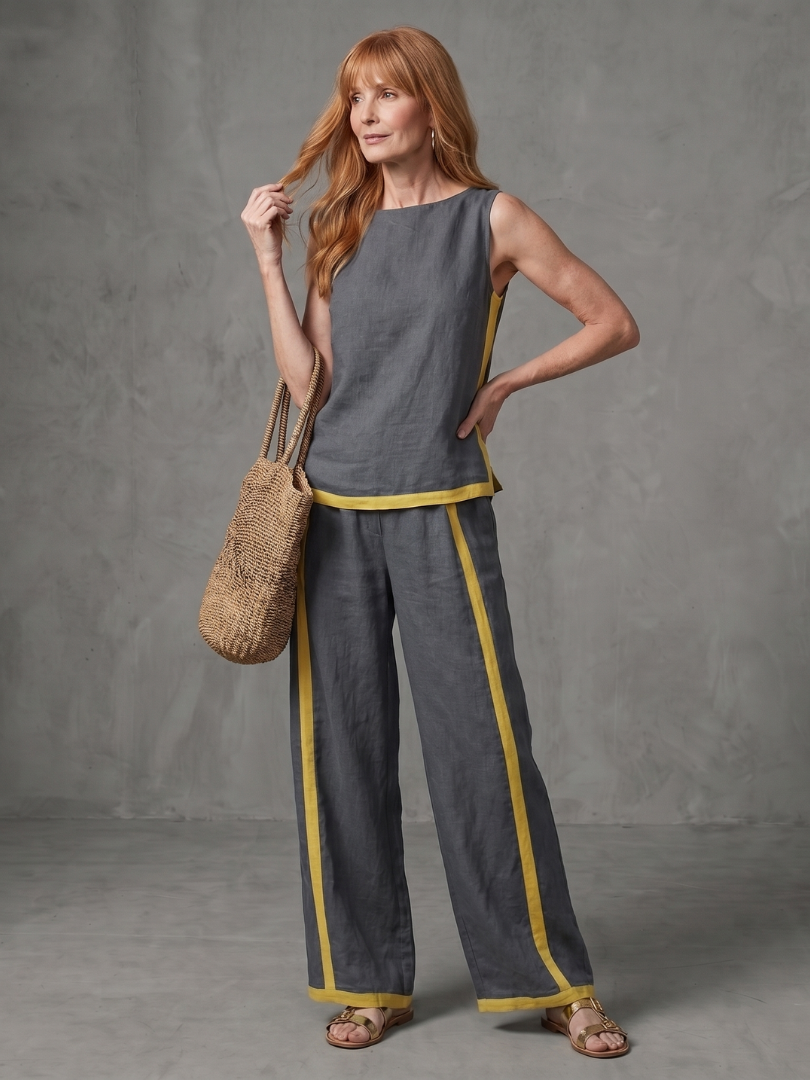Inara | Mouwloze Top Set met Wijde Broek in Contrast