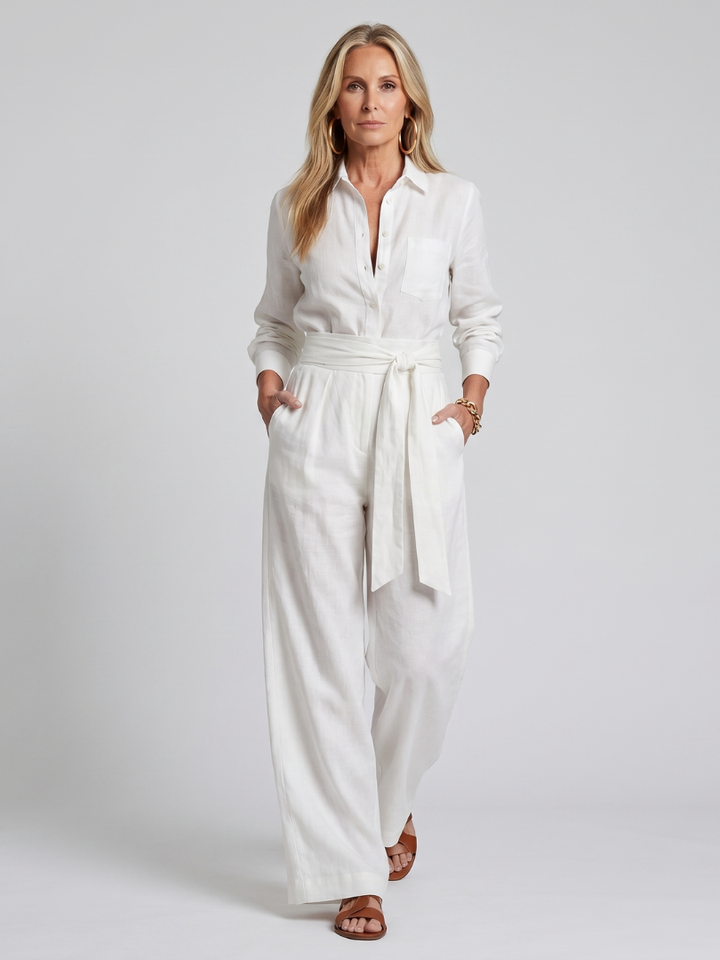 Jovie | Lange Mouw Knop Voor Breed Been Jumpsuit