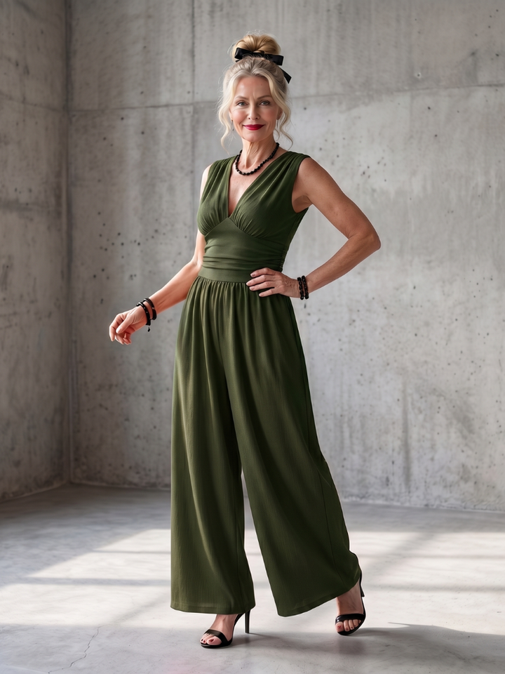 Vincenza | Diepe V Taille Gedefinieerde Wijde Pijpen Jumpsuit