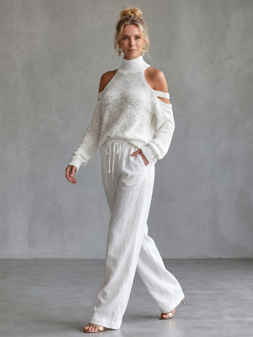 Questa | Open Schouder Gebreide Top En Brede Pantalon Set