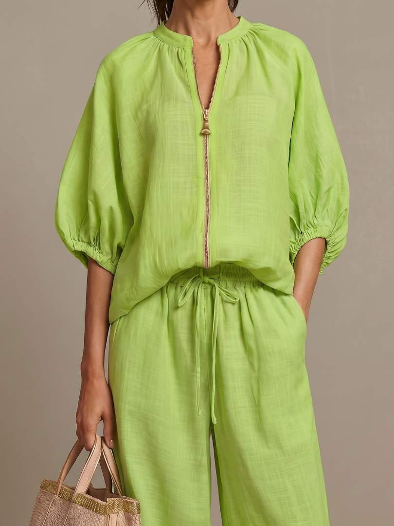 Natalia | Blouson Top met Rits en Brede Pijpen Set
