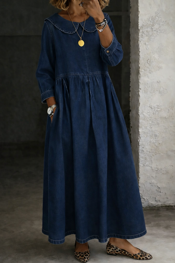 Clara | Peter Pan Kraag Denim Jurk