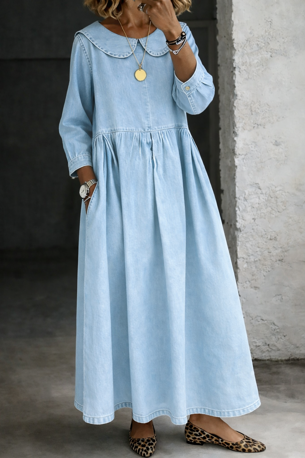 Clara | Peter Pan Kraag Denim Jurk