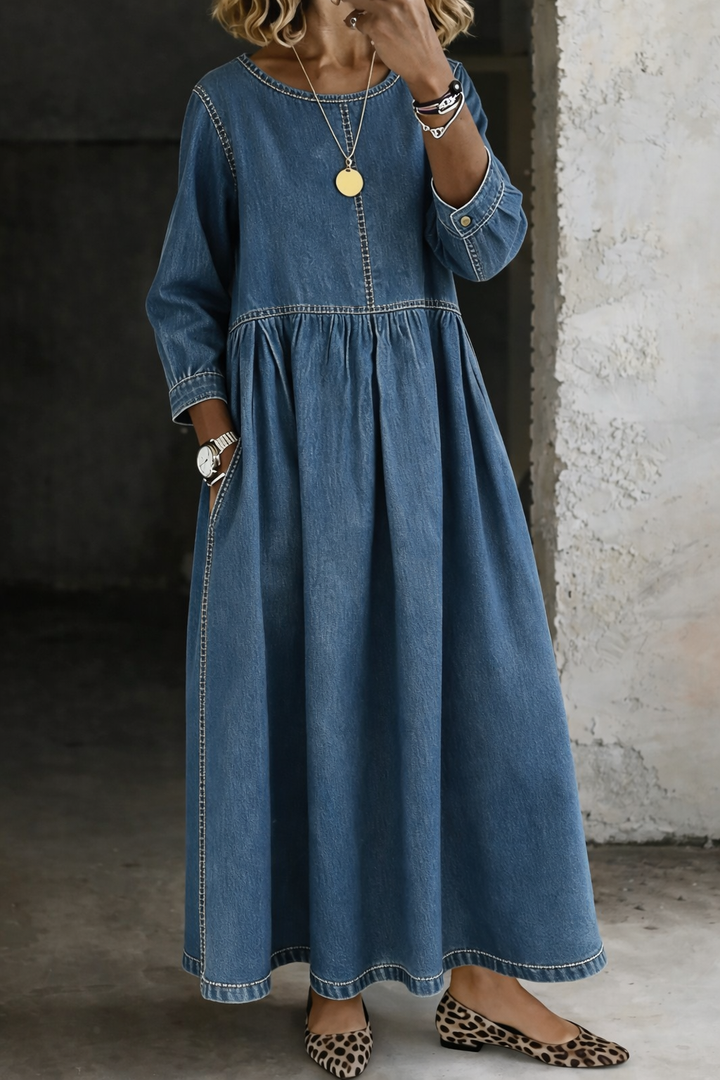Melissa | Ronde Hals Lange Mouw Denim Jurk
