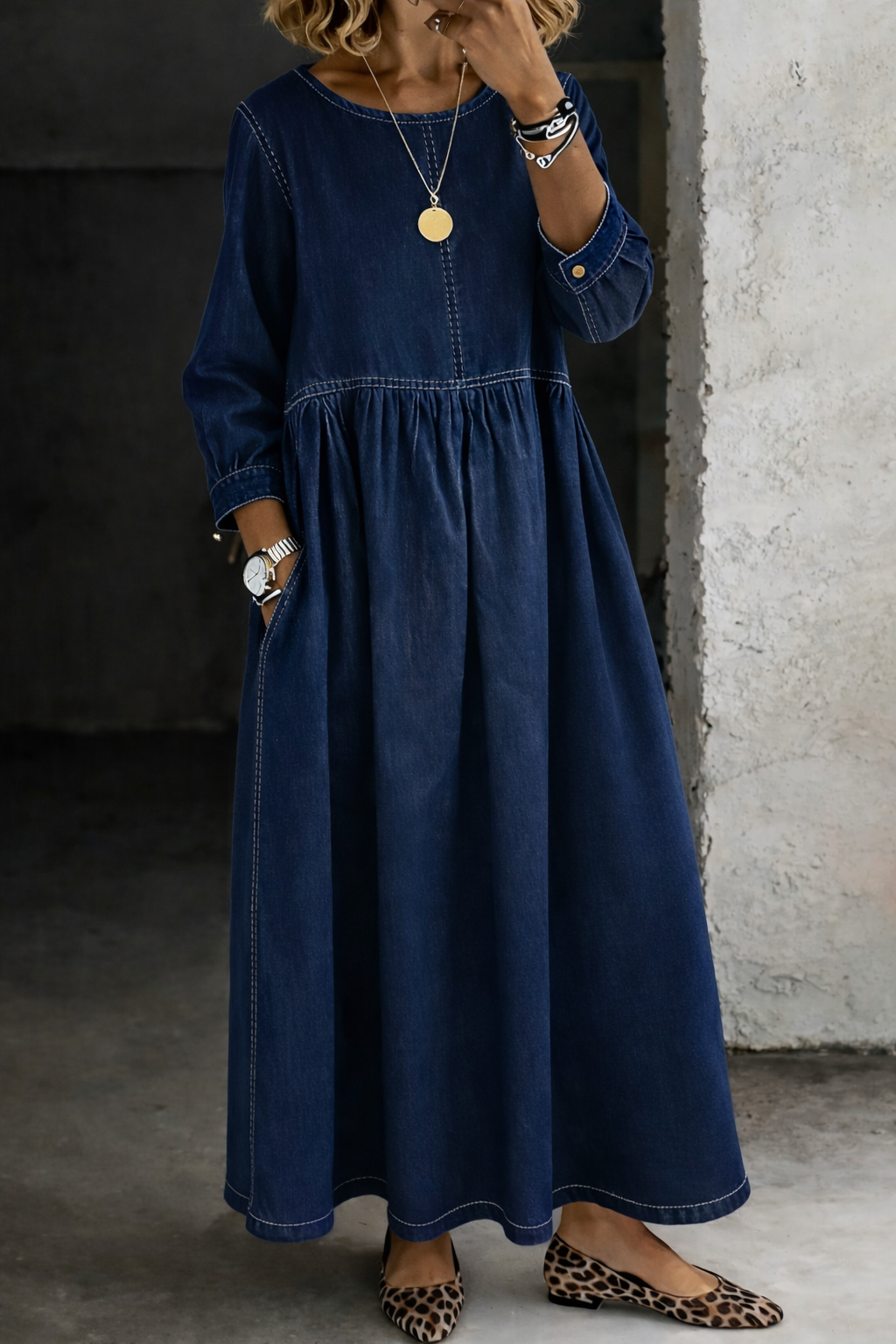 Melissa | Ronde Hals Lange Mouw Denim Jurk