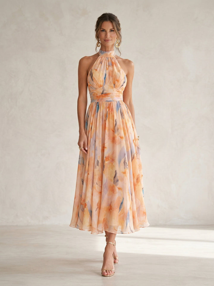 Halternek jurk met aquarelprint