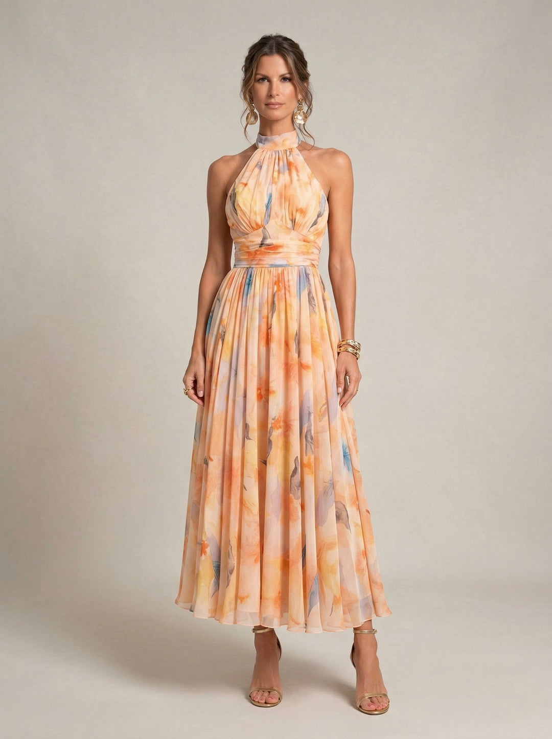 Halternek jurk met aquarelprint