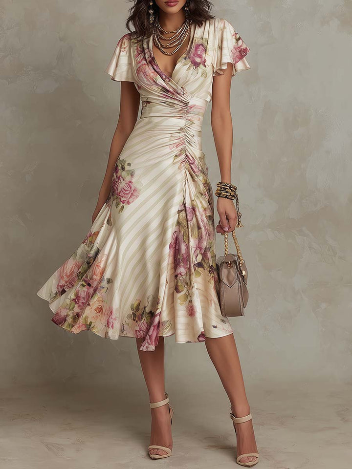 Margaret | Vintage Bloemen Midi Satijnen Jurk