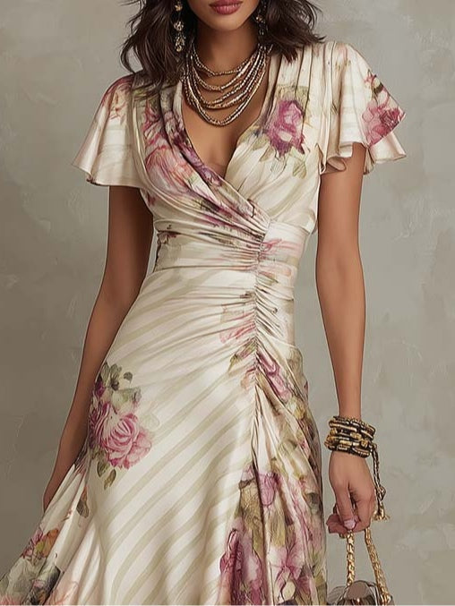 Margaret | Vintage Bloemen Midi Satijnen Jurk